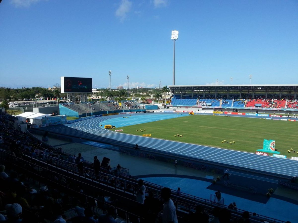 Interior image of the track and field from the seats at Thomas a Robinson National Stadium