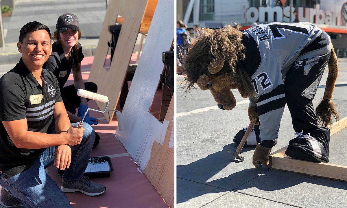 Two photos: The first of two employees smiling while painting a wooden plank and the second of LA Kings mascot Bailey hammering two pieces of wood together. 