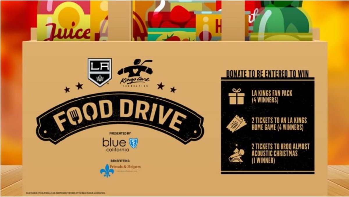 A graphic depicts the phrase "Food Drive," a wrapped present and tickets under the "donate to be entered to win section" with non-perishable food times in the background. 