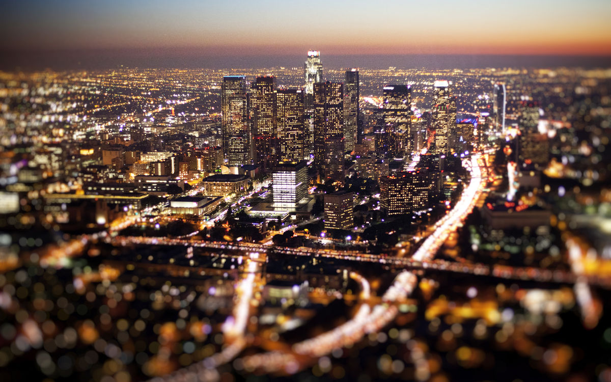 Aerial of downtown LA at dusk