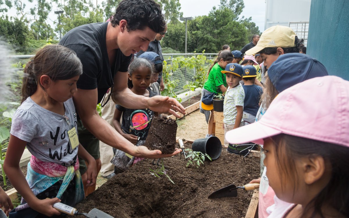 LA Galaxy players planting plants with children