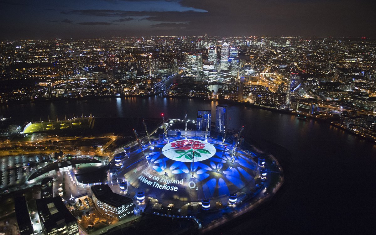 Overhead image of the O2 in London with a rose on the top and copy reading "Come On England #WearTheRose"