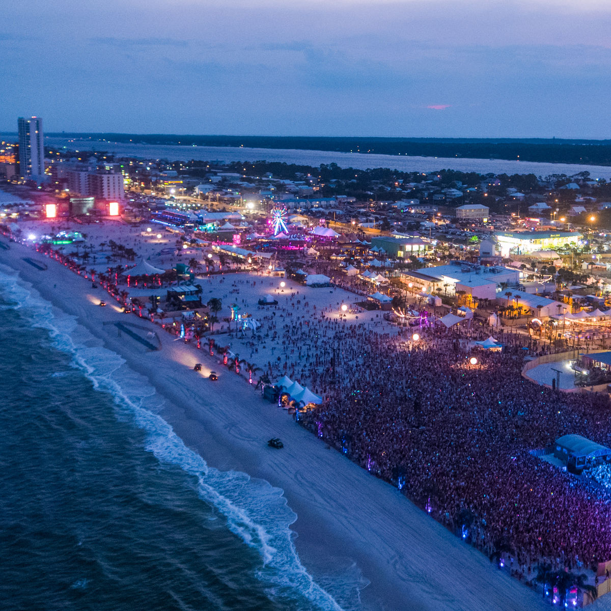 Aerial image of Hangout Music Festival crowd and stage on the beach 