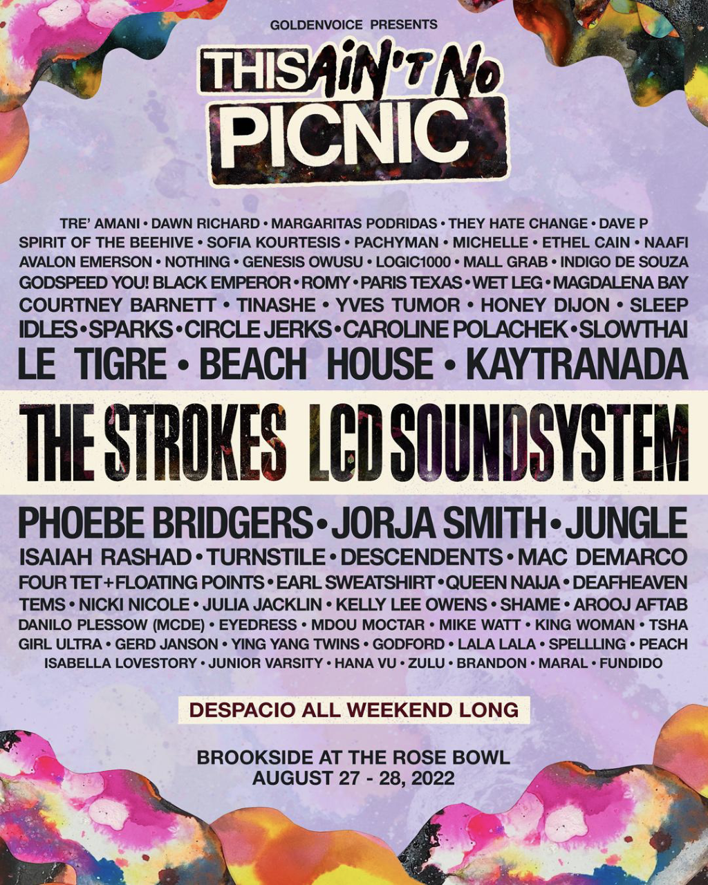 This Ain't No Picnic Lineup Poster features a purple background, with tie-dye accents in each corner. 