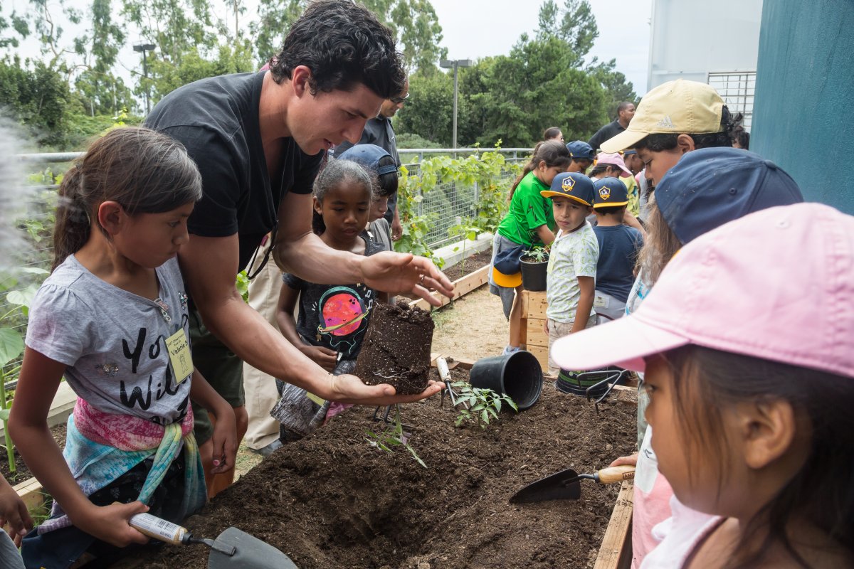 LA Galaxy players planting plants with children