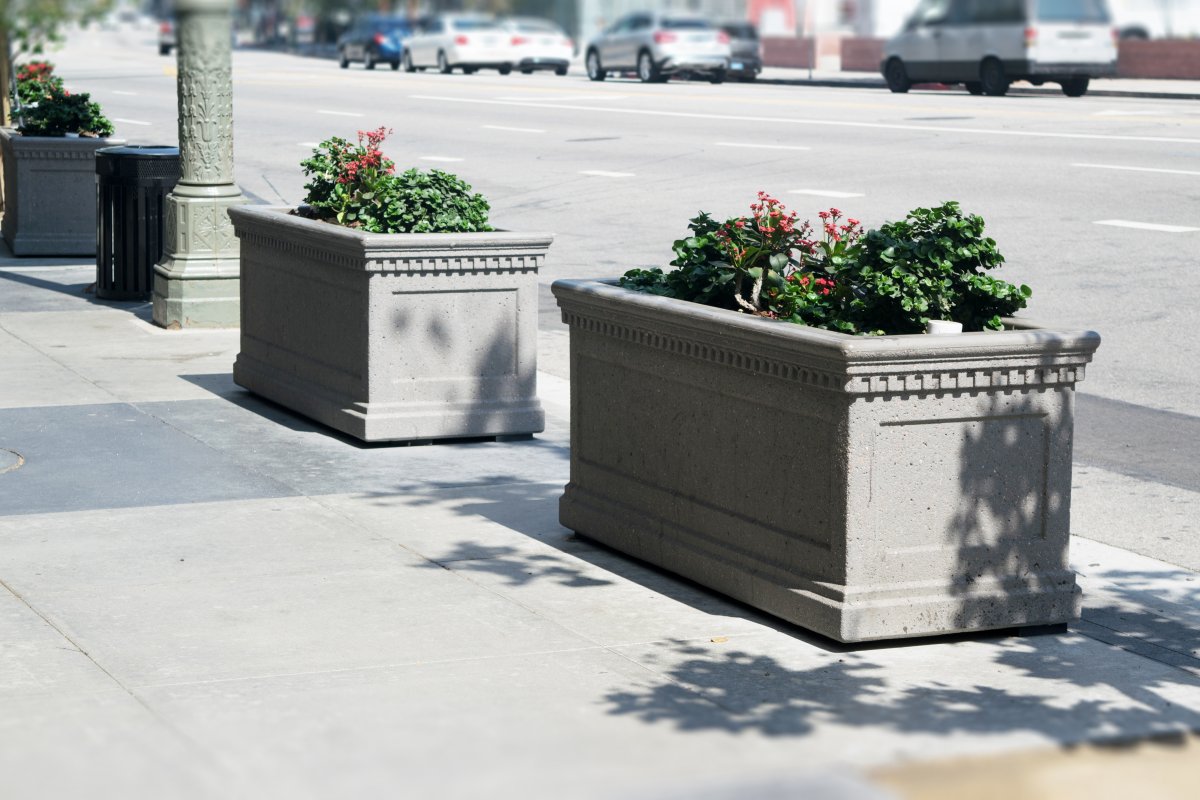 Image of planters along the sidewalk with drought-tolerant plants