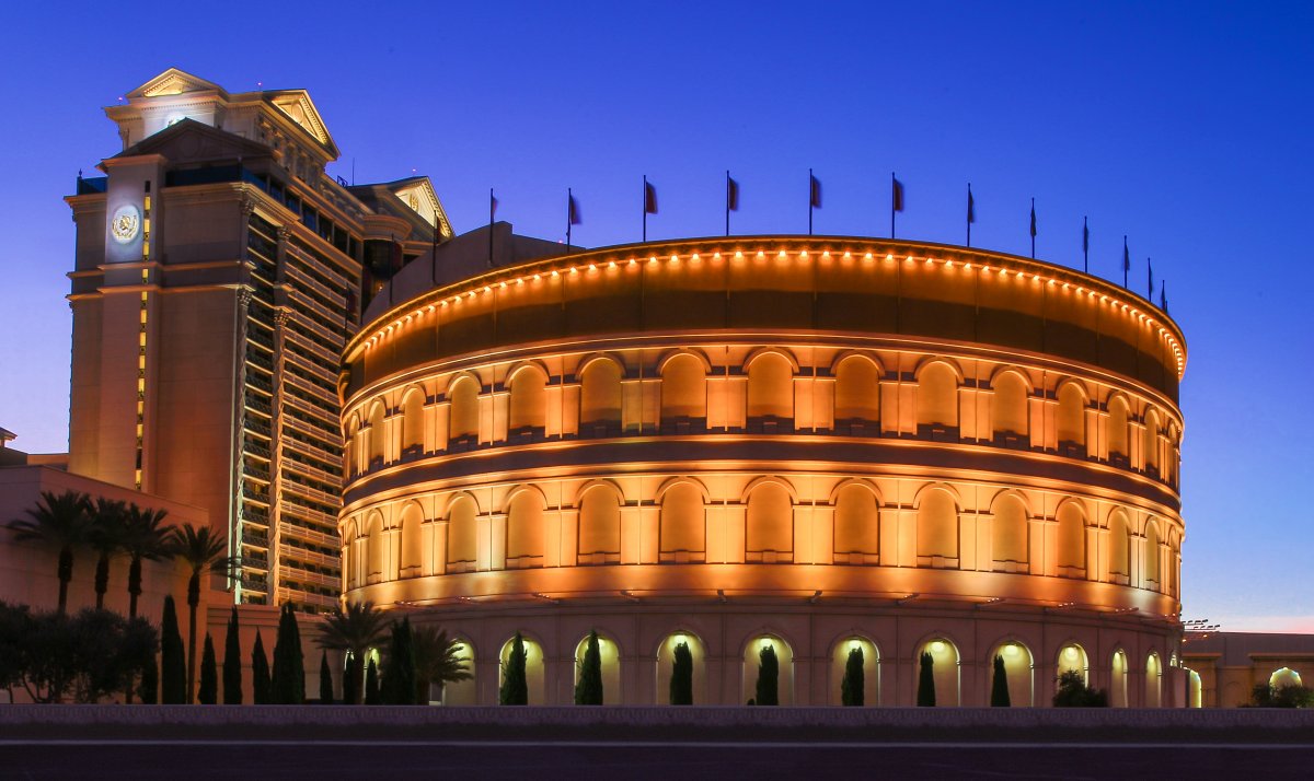 Exterior shot of the Colosseum at night