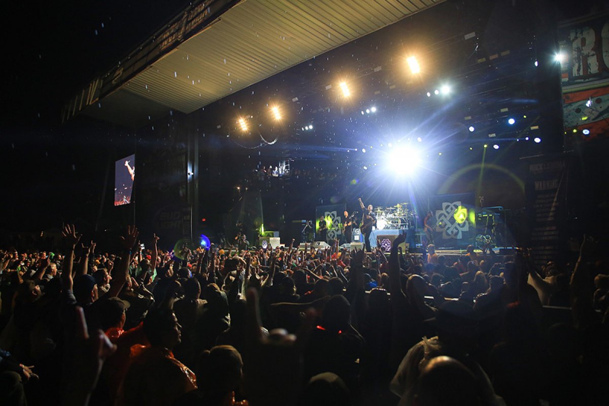 Image from the crowd of a performer on stage at Rocklahoma
