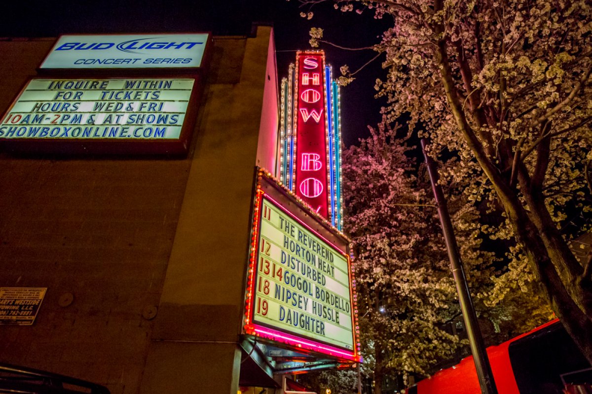 Exterior image of the Show Box marquee