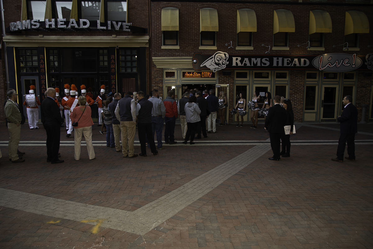 Exterior image of Ram’s Head Live! With signage and people outside