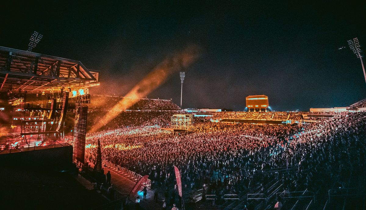 Image from stage looking out at crowd at night