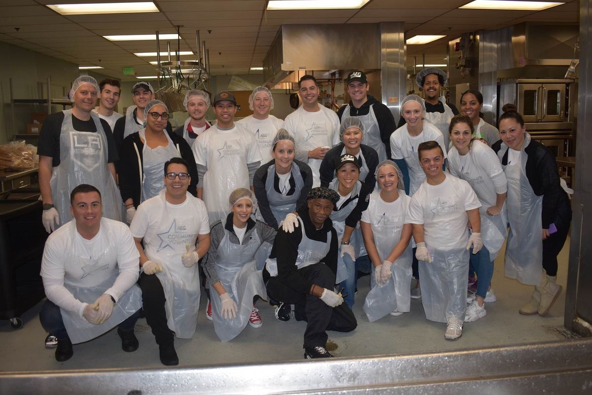 AEG kicks off its annual Season of Giving initiative that encourages its employees throughout the world to engage in charitable activities in their local communities, with 20 STAPLES Center employee volunteers serving breakfast at Union Rescue Mission in downtown Los Angeles on November 15, 2017.