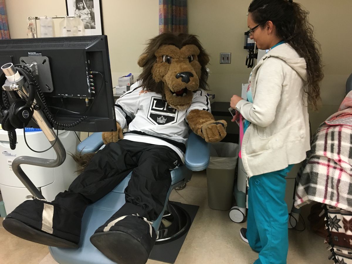 LA Kings mascot Bailey prepares to donate blood at Children’s Hospital Los Angeles in celebration of National Blood Donor Month leading up to the LA Kings Blood Drives at STAPLES Center prior to all of the Kings home games in January 2018.
