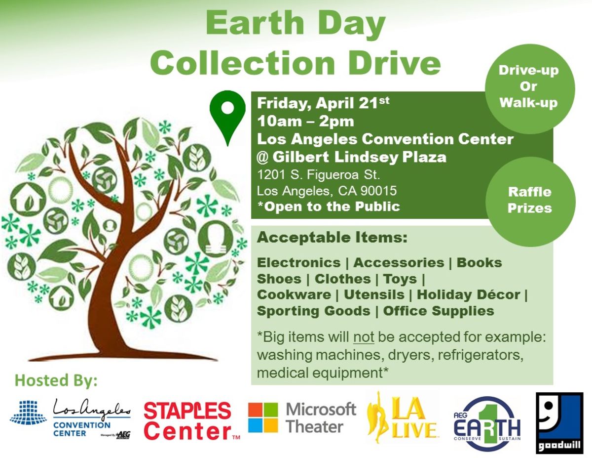 In celebration of Earth Day, AEG’s STAPLES Center, Microsoft Theater, L.A. LIVE and the Los Angeles Convention Center (LACC) will host an Earth Day Collection Drive at the LACC’s Gilbert Lindsey Plaza on Friday, April 21 from 10 a.m. to 2 p.m.