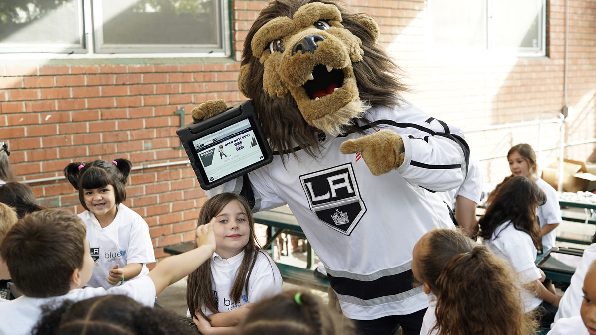 LA Kings mascot, Bailey celebrates the launch of G.O.A.L.S., a digital platform which helps equip children in Los Angeles with resources to be eco-friendly, inclusive, healthy, socially responsible and knowledgeable on November 8, 2017.