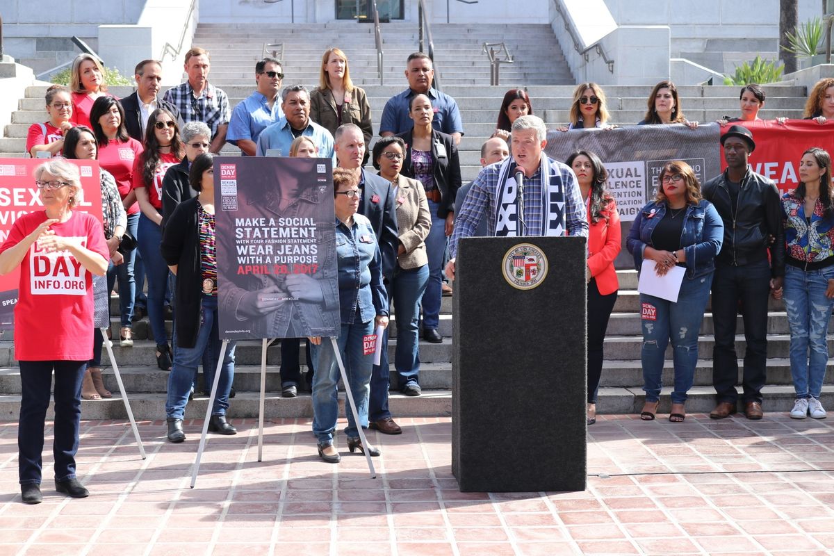 In support of Denim Day – a day of action to protest sexual violence by wearing denim clothing –AEG’s new LA Galaxy Girls’ Academy Director Kevin Hartman joins Los Angeles Mayor Eric Garcetti, Singer Aloe Blacc and other officials to proclaim Denim Day throughout the city with an official presentation at City Hall in Downtown Los Angeles on April 26, 2017.