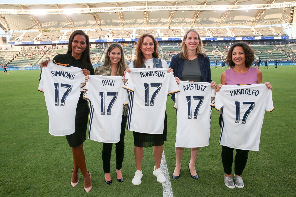 Panelists from the Women’s Leadership Series presented by Herbalife Nutrition are presented with personalized LA Galaxy jerseys prior to the start of the match for the LA Galaxy’s Women in Soccer Night at StubHub Center on July 19, 2017.