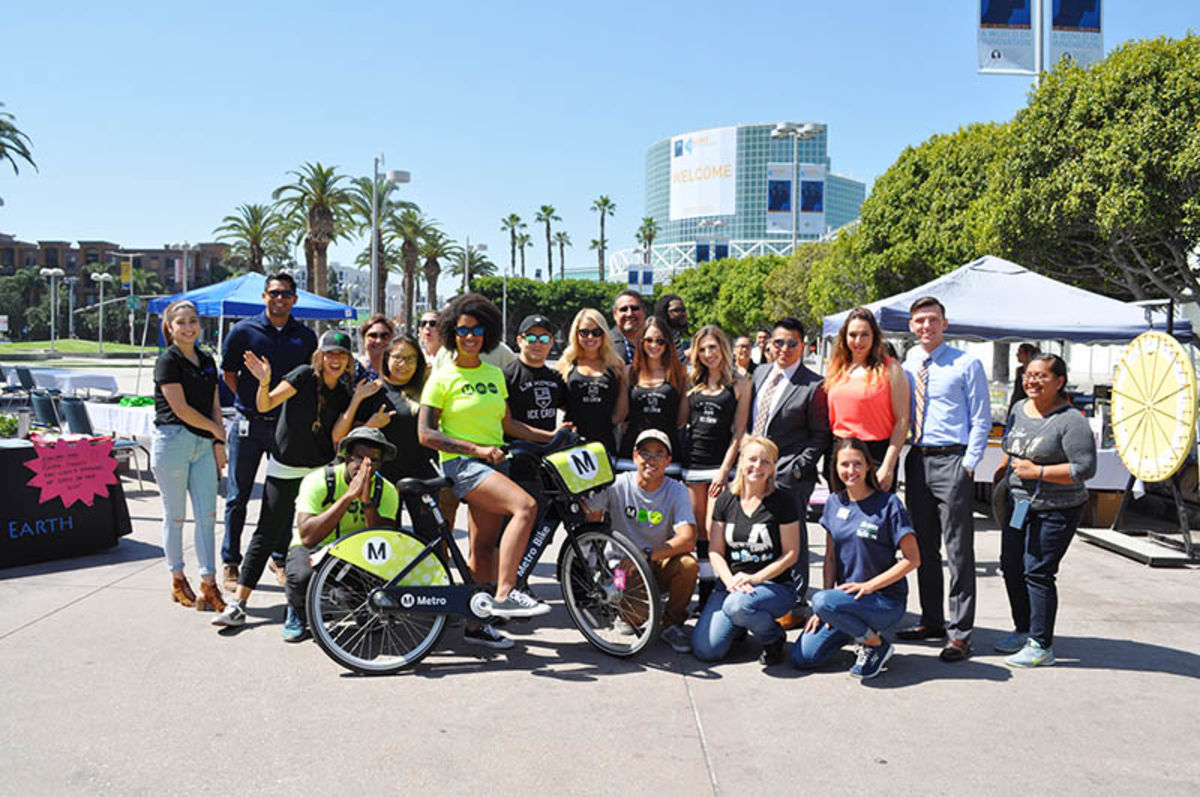 Staff from participating organizations including Metro, LA Kings and more celebrate the recycling drive at the Los Angeles Convention Center’s (LACC) Gilbert Lindsey Plaza hosted by AEG’s L.A. LIVE, LACC, Microsoft Theater and STAPLES Center on April 21, 2017 in celebration of Earth Month.