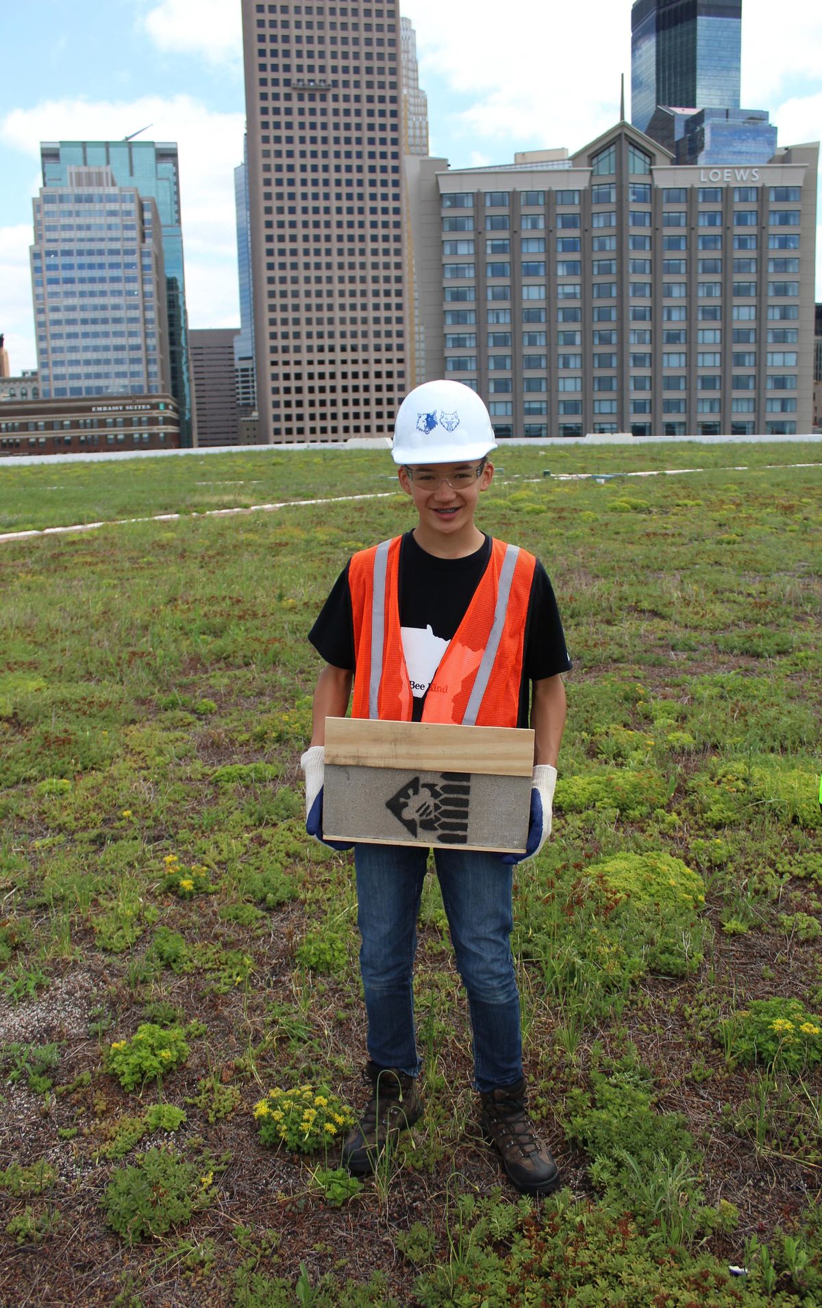 Bee Kind MN, Inc. founder Nikolas Liepins installs a native bee house on Target Center’s green roof.