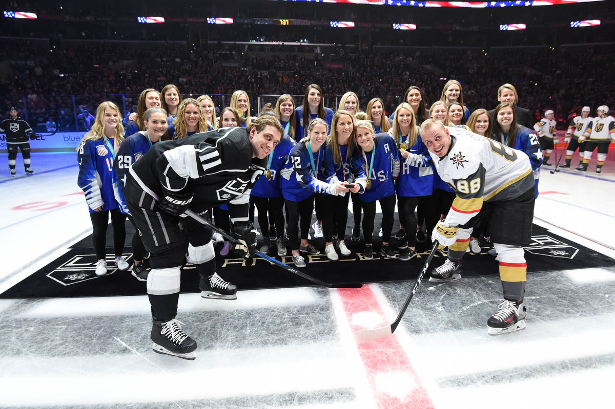 The U.S. Gold Medal-Winning Women’s Olympic Hockey Team performs the ceremonial puck drop at STAPLES Center prior to the LA Kings vs. Las Vegas Knights game on February 26, 2018. 