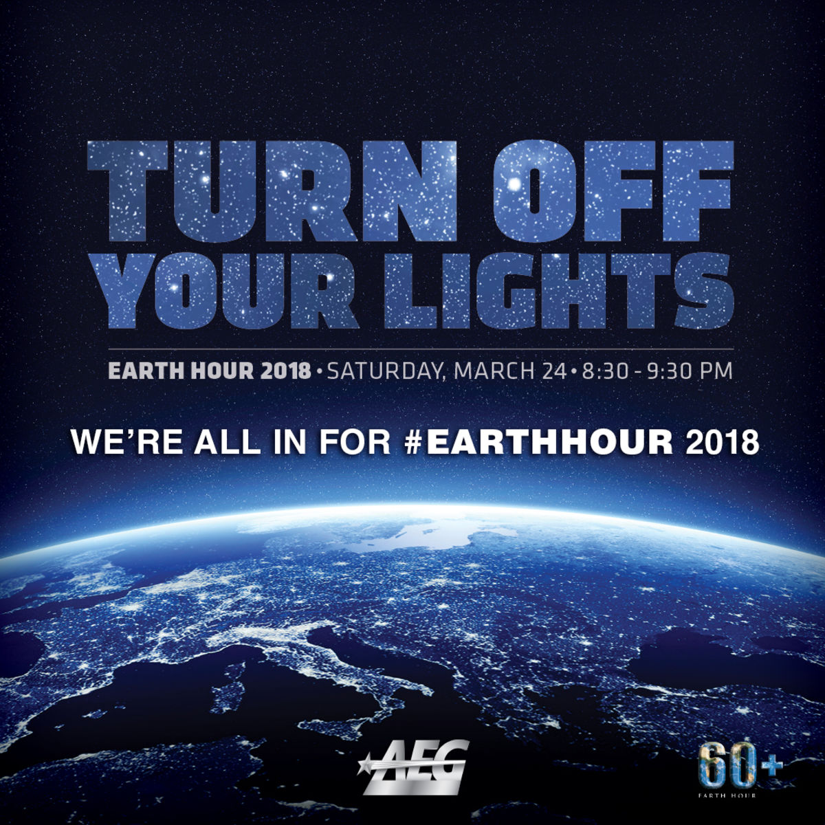 A graphic of earth illuminated by light with the words "Turn off your lights" above. 
