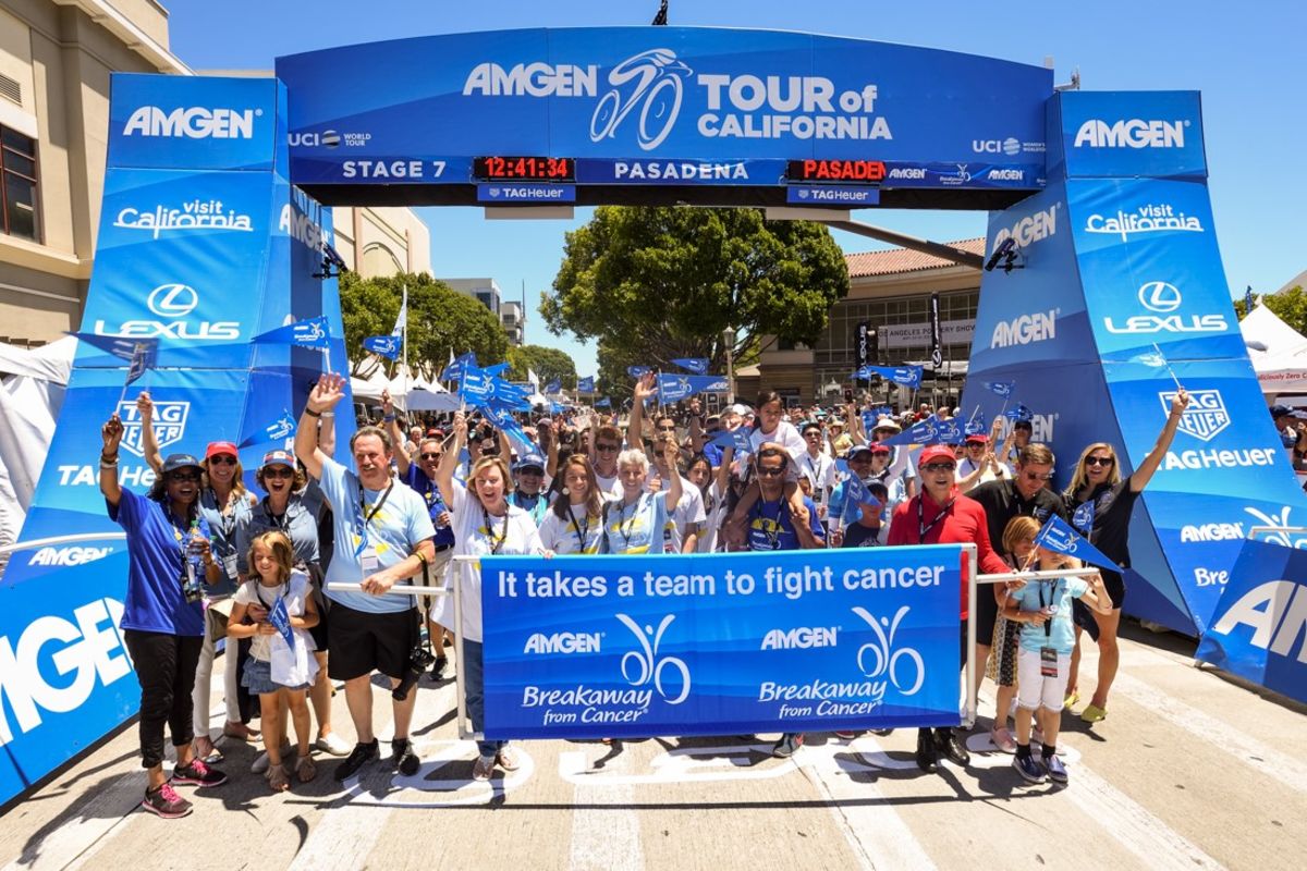 Cancer survivors and supporters celebrate cancer survivorship at the Pasadena finish of the 2017 Amgen Tour of California.