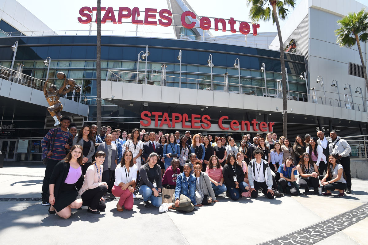 More than 30 students from John Muir High School in Pasadena gather in front of STAPLES Center with their AEG employee mentors during the Arroyo Seco Weekend Job Shadow Day on May 3, 2018.