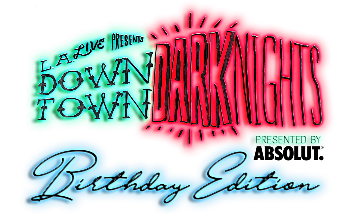 L.A. LIVE Downtown Dark Nights logo with neon light effect behind lettering. 