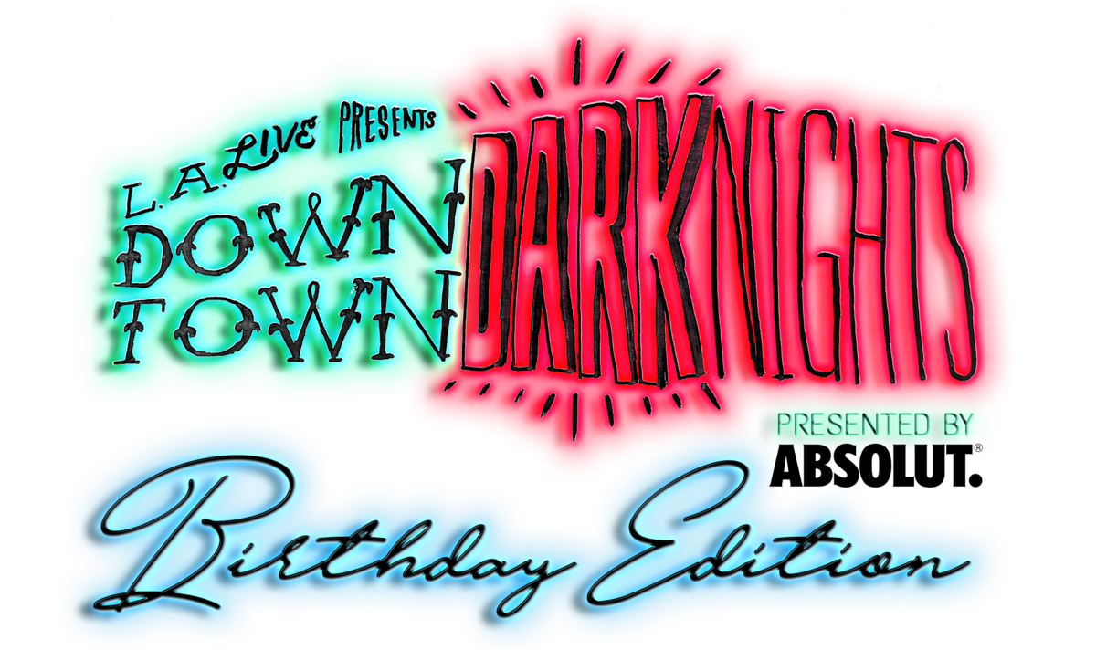 L.A. LIVE Downtown Dark Nights logo with neon light effect behind lettering.