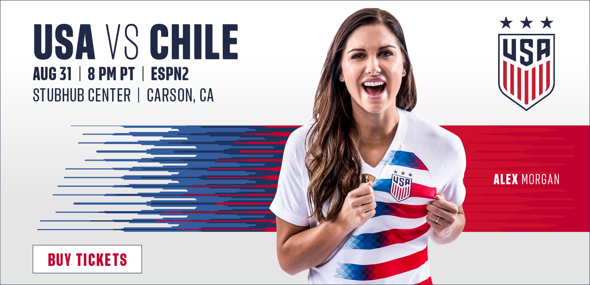 Alex Morgan cheers in a promotional shot with USA vs. Chile and the US National Soccer Team logo in the corner.