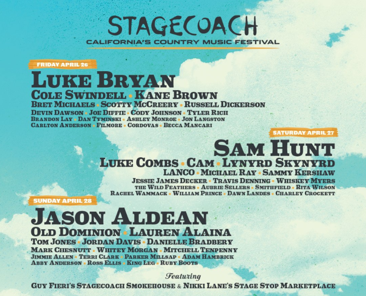 Stagecoach poster featuring the names of the three headliners: Luke Bryan, Sam Hunt and Jason Aldean. 