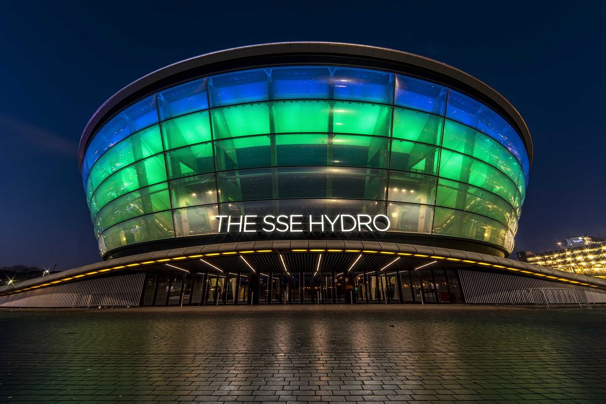 The SSE Hydro Arena in Glasgow illuminated at night. 