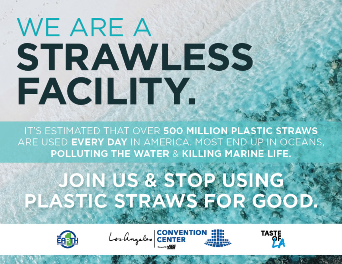 Graphic depicting the ocean with the message of the Los Angeles Convention Center being a strawless facility.