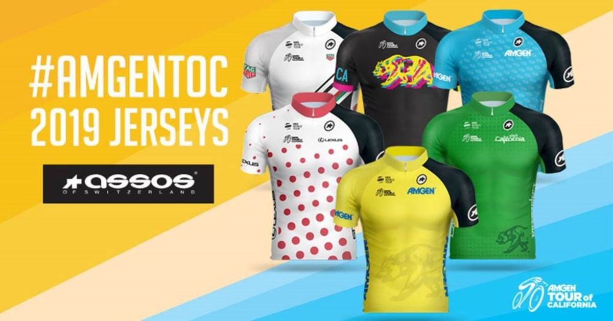 Graphic with five race jerseys and the ASSOS logo, the official race jersey sponsor for the 2019 Amgen Tour of California