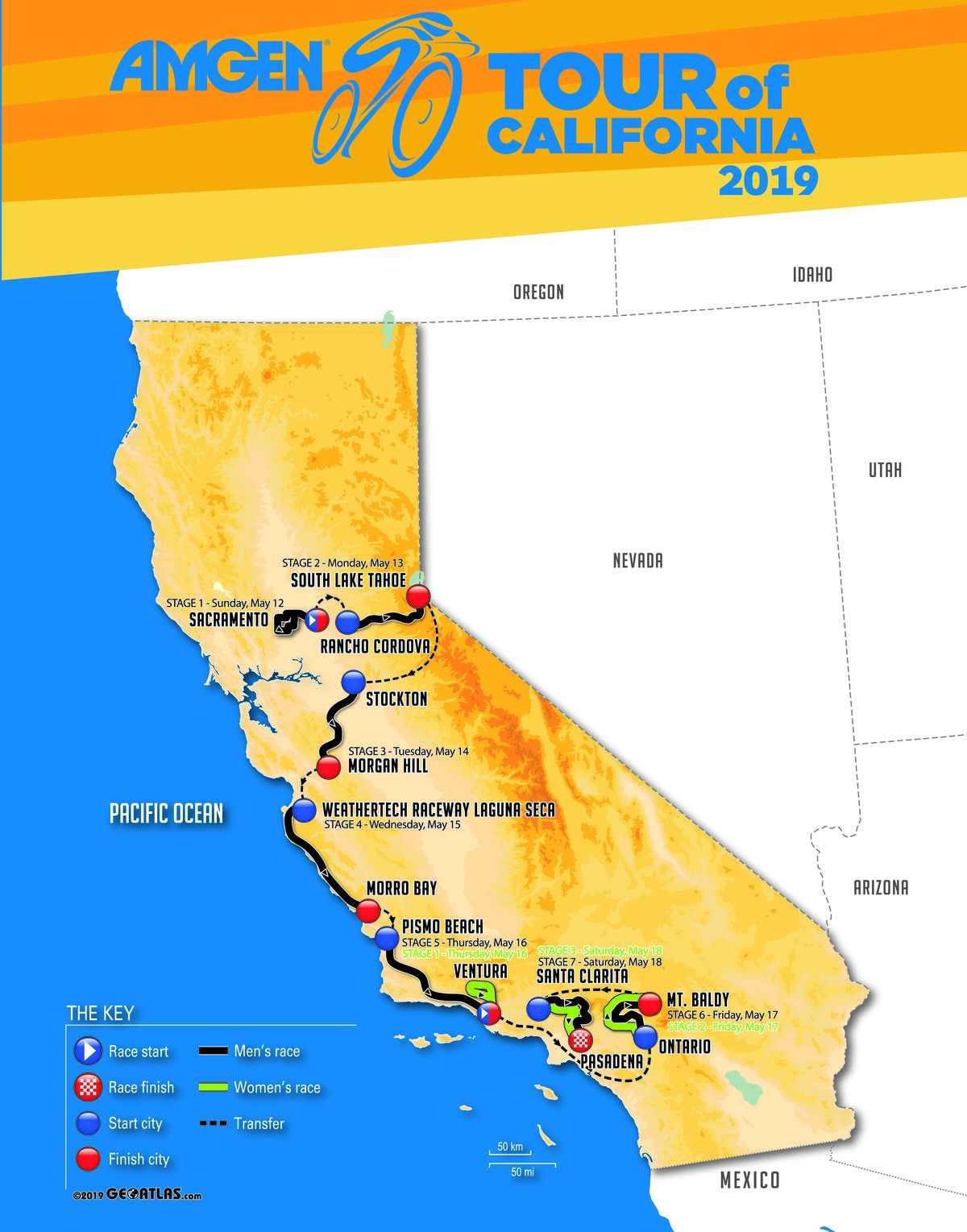 The map of California outlines the race routes for the 2019 Amgen Tour of California. 
