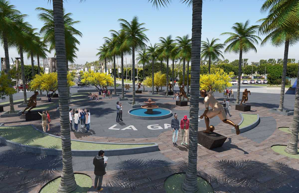 A rendering of the Legends Plaza at Dignity Health Sports Park depicts statues of athletes as well as spectators walking around. 