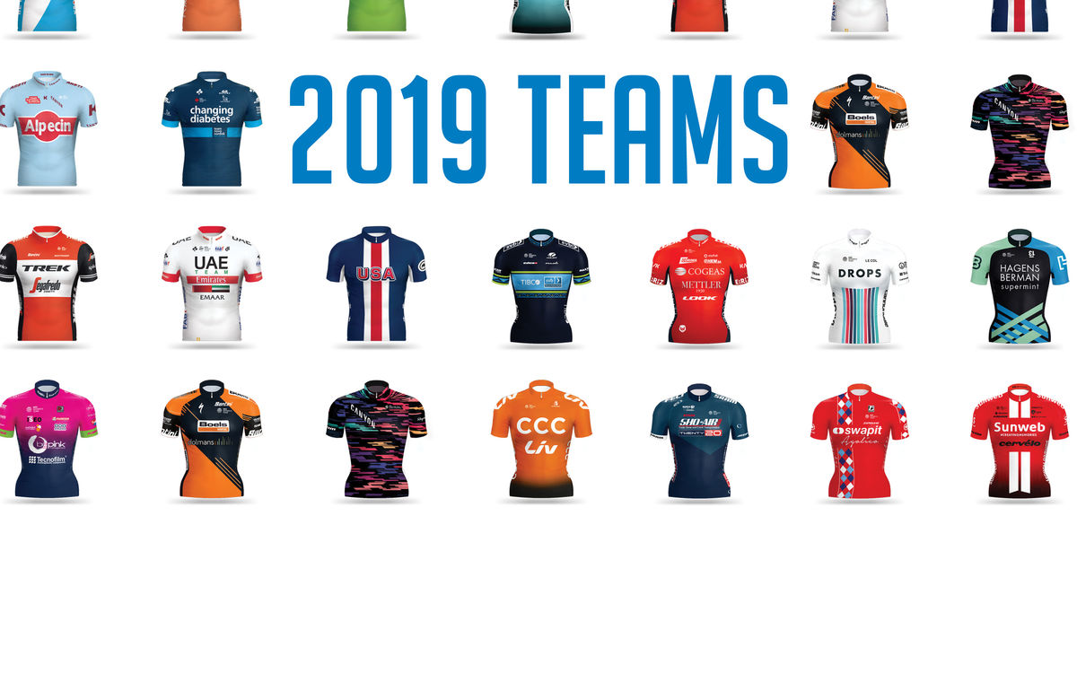 Various bicycle racing jerseys surround the words 2019 Teams. 