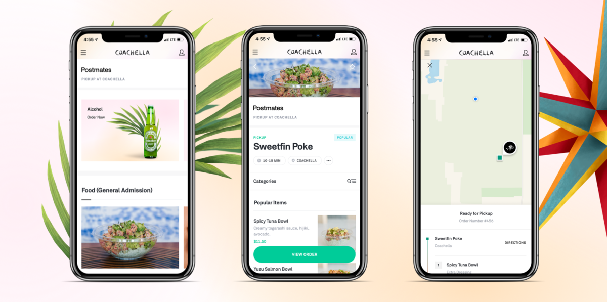 Smartphones displaying the ordering process for using the Postmates app with Coachella branding at the top. 