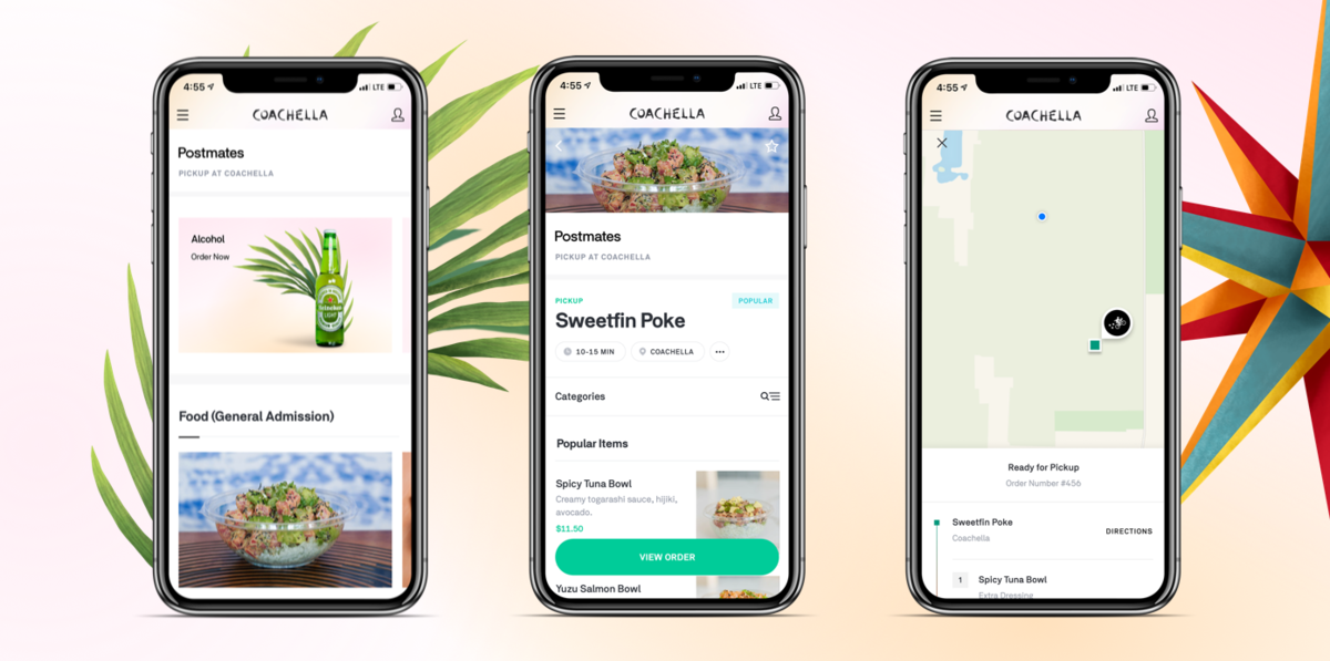 Smartphones displaying the ordering process for using the Postmates app with Coachella branding at the top.