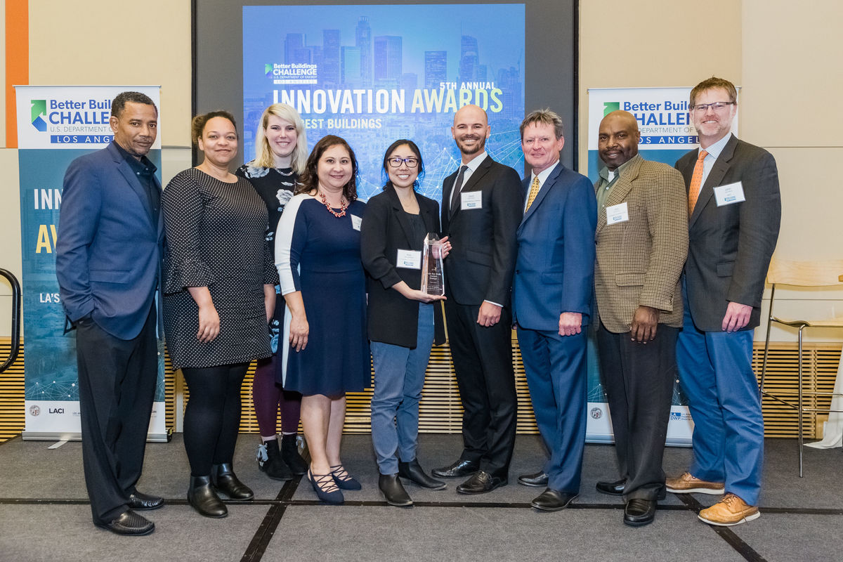 Los Angeles Convention Center employees accept the Innovation Award for its significant energy savings from members of the Los Angeles Better Buildings Challenge. 