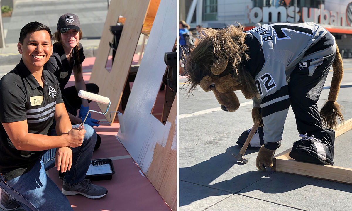 Two photos: The first of two employees smiling while painting a wooden plank and the second of LA Kings mascot Bailey hammering two pieces of wood together.