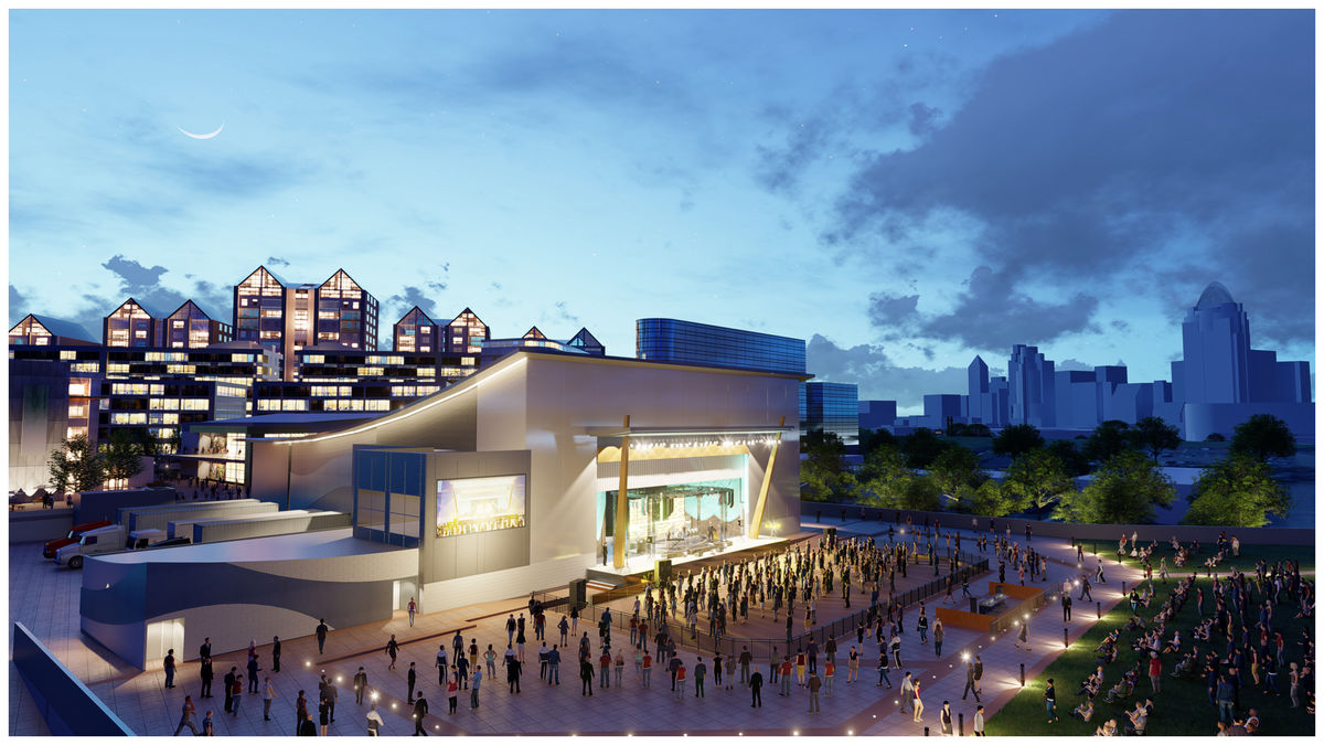 A rendering of the Ovation Project depicts crowds of people watching a concert at the outdoor venue located n the Ohio River across from downtown Cincinnati.