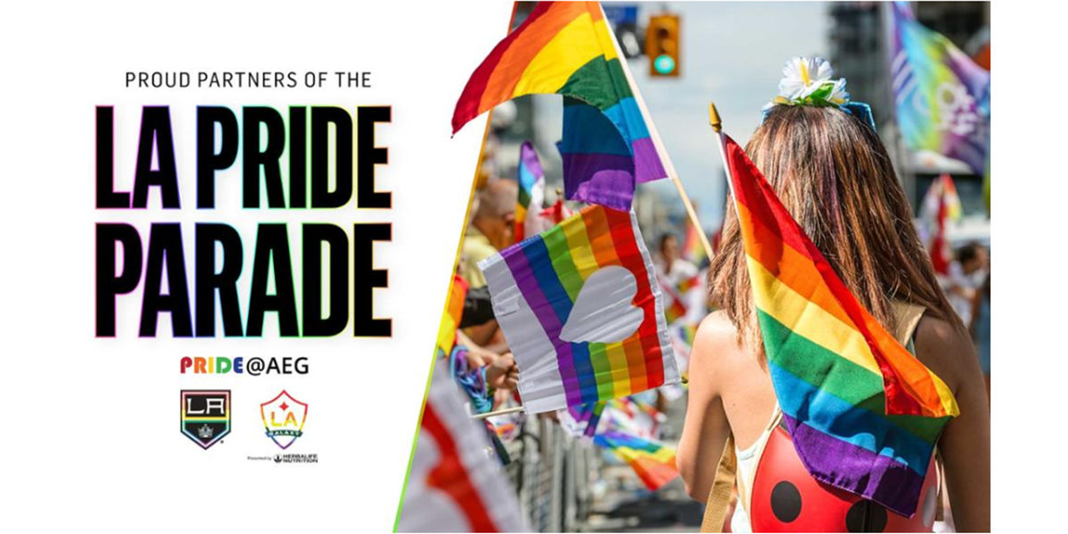 Graphic depicting a parade-goer with rainbow flags and text that reads "Proud Partners of the LA Pride Parade."