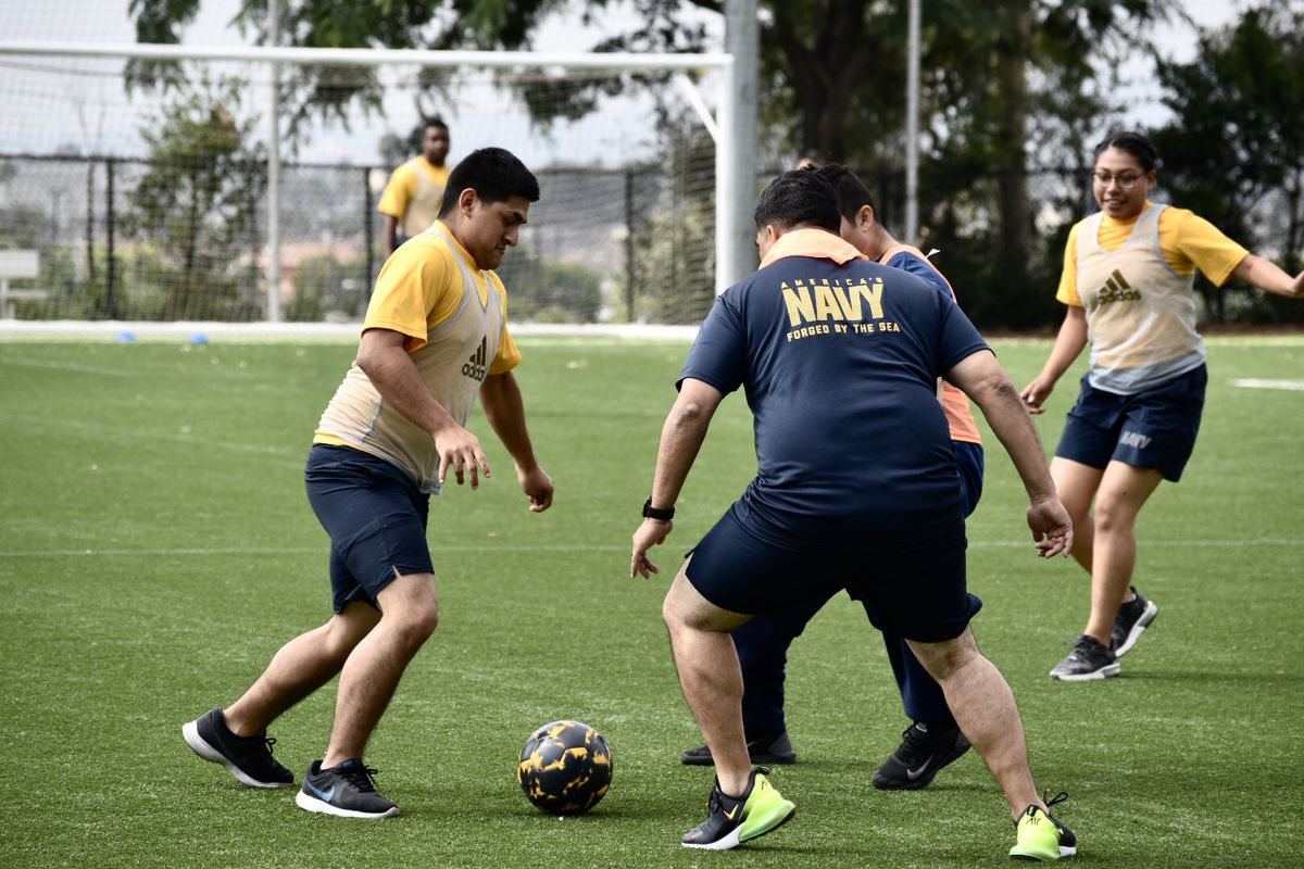 Members of the United States Navy have a soccer scrimmage on the pitch at Dignity Health Sports Park with the LA Galaxy during LA Fleet Week on August 28, 2019.