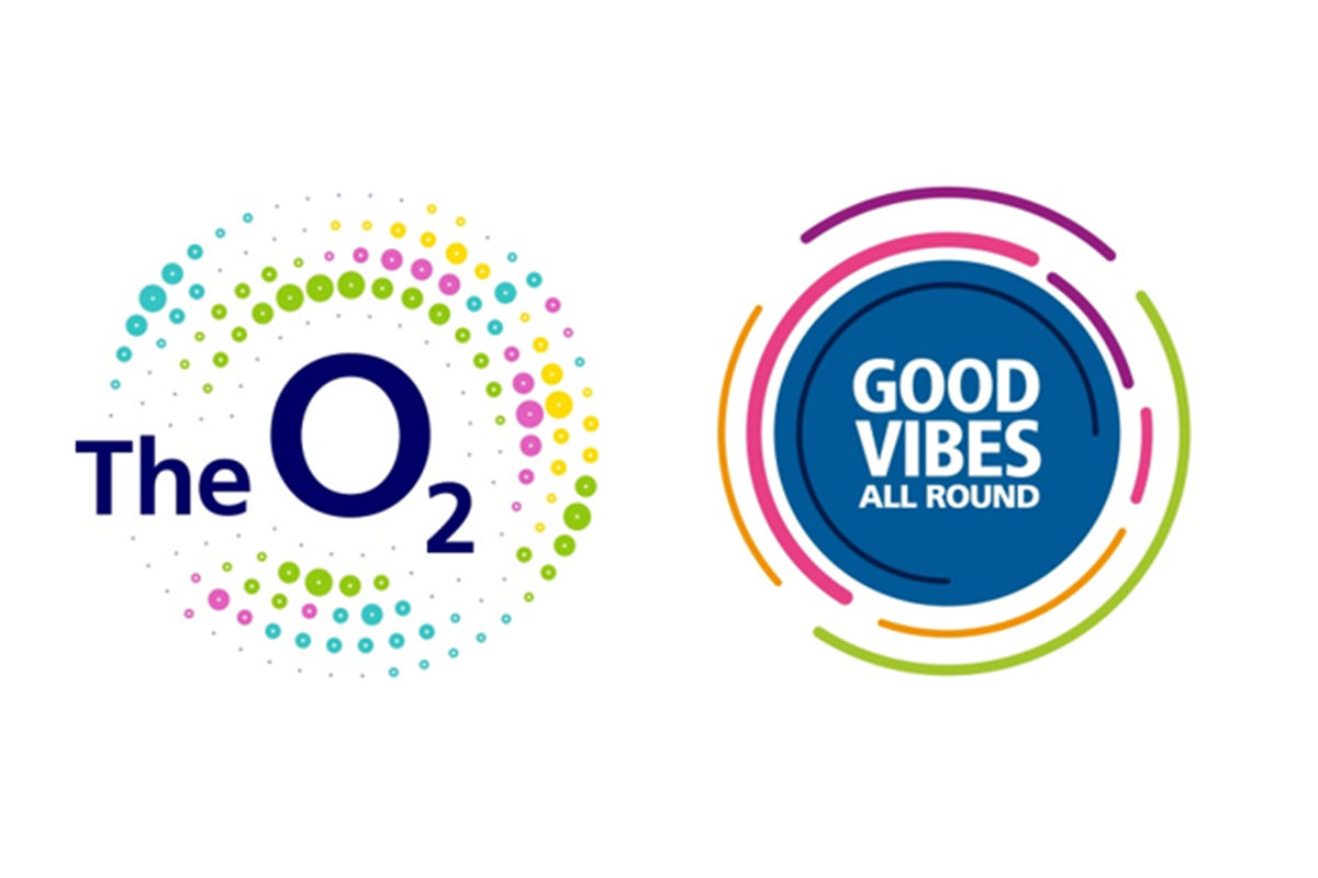 The O2 logo which depicts colorful dots around the words The O2 is next to the Good Vibes All Around logo which is a blue sphere with colorful curved lines bordering it. 