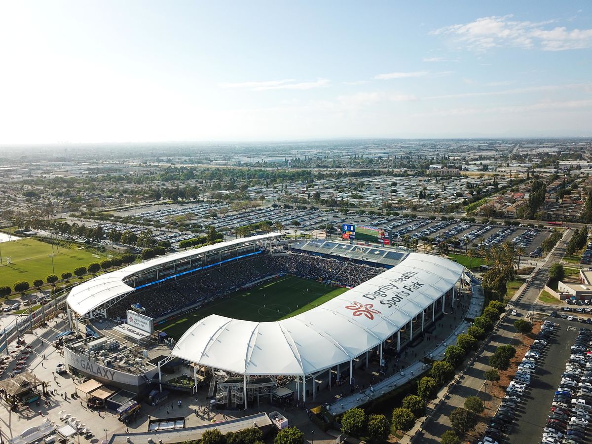 Dignity Health Sports Park from an aerial shot during a soccer game.