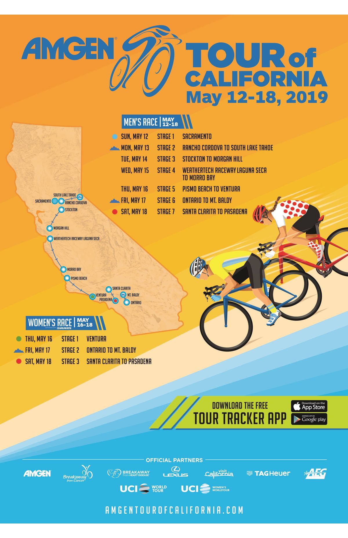 Amgen Tour of California, California's largest sporting event, will travel from Sacramento to Pasadena in May 2019. (Graphic: Bu