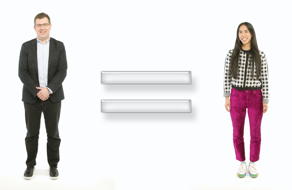 A man in a suit stands to the left of an equal sign with a woman standing to the right.