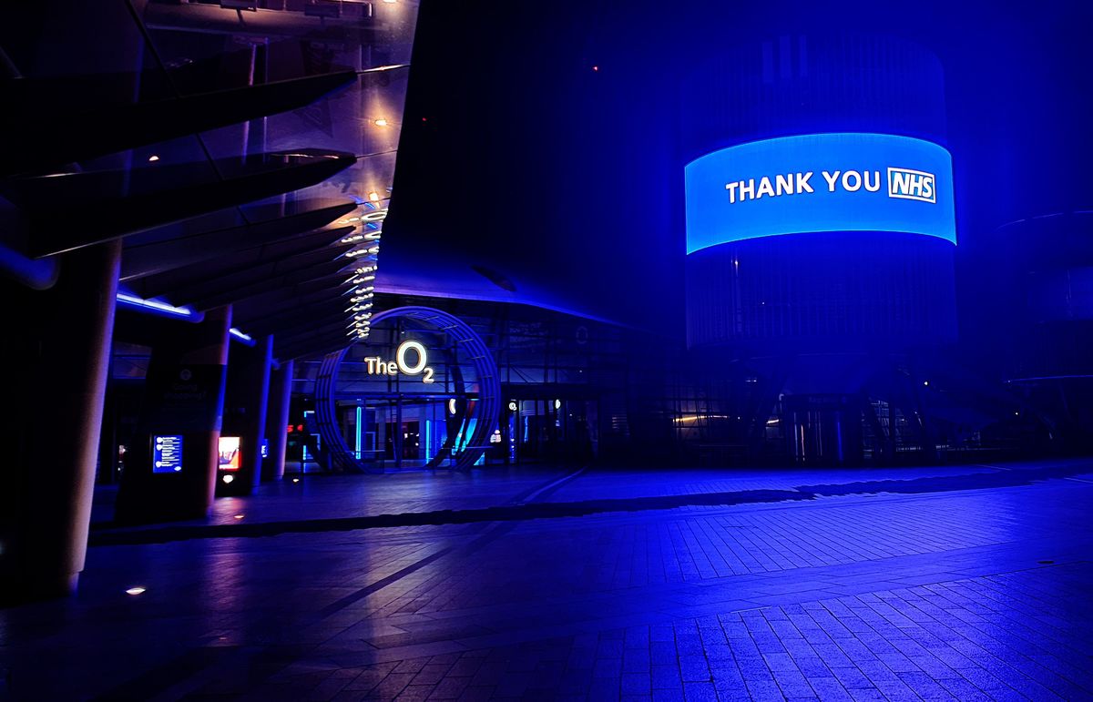 The O2 turns its lights blue in support of NHS works combating COVID-19.