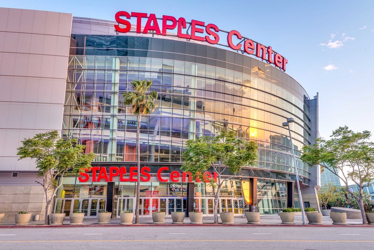 STAPLES Center with a sunset reflecting in the windows. 